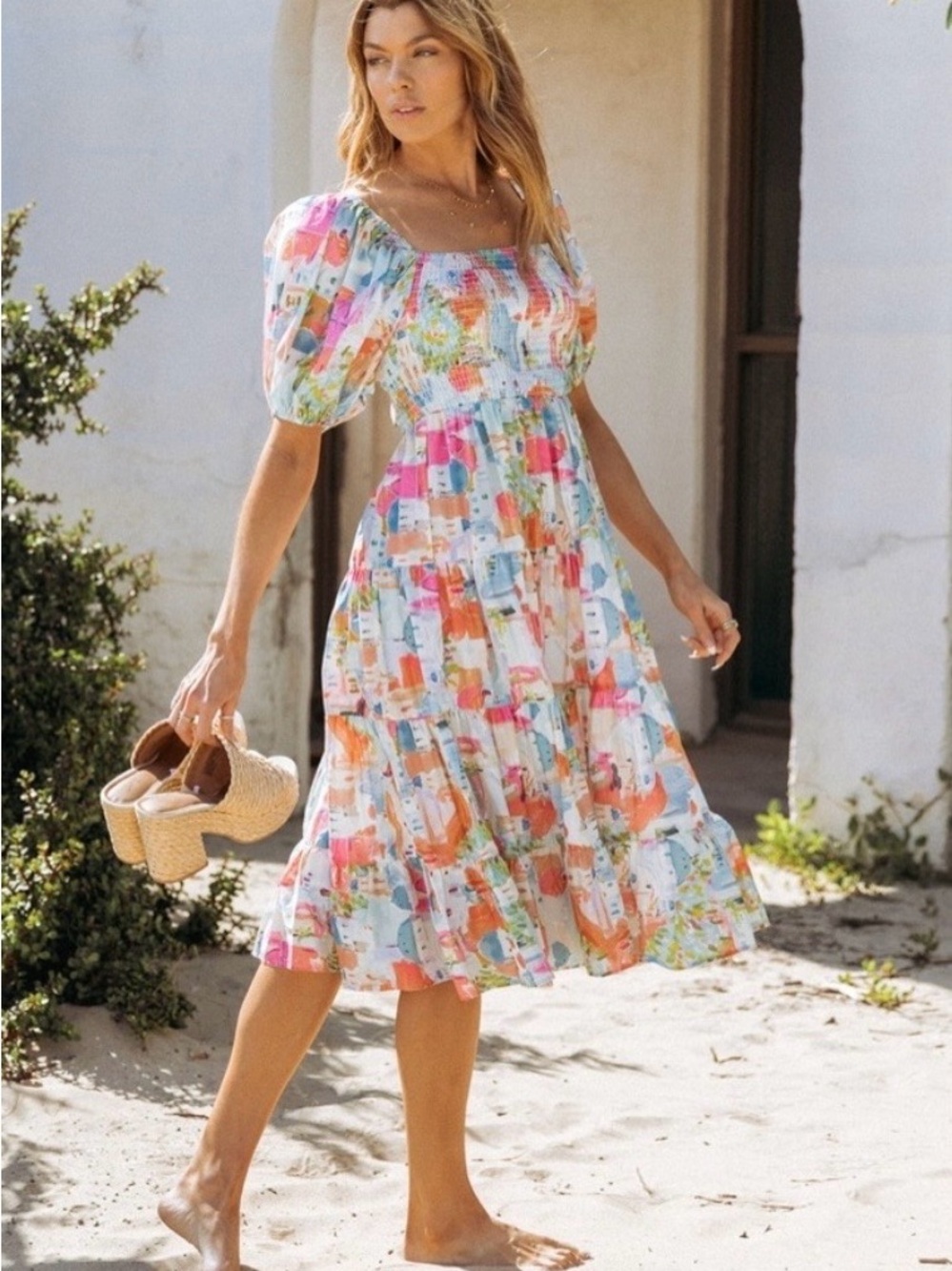Puff Sleeve Tiered Cottage‎ Core Midi Dress Resort Vacation Cruise Pinch